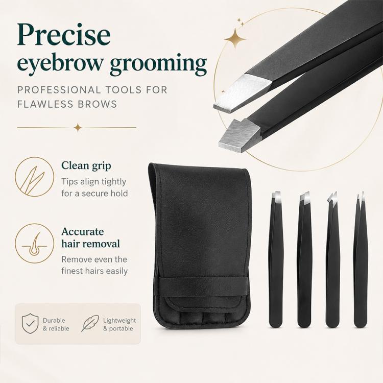 Set di 4 pinzette in acciaio inossidabile per la modellatura delle sopracciglia, con custodia in pelle PU.