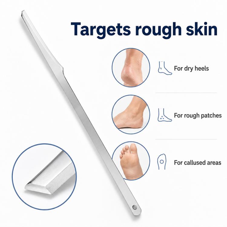 Raschietto per calli al tallone in acciaio inossidabile con foro rotondo, strumento per la cura dei piedi, Round Hole Style Foot Scraper