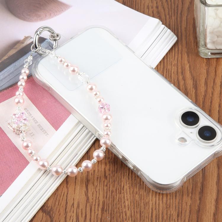Cinturino da polso per cellulare con perle di zircone e fiore, con laccetto di sicurezza, per donne e ragazze.