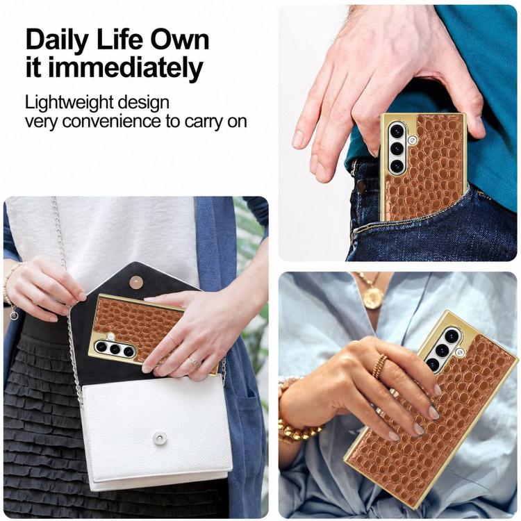 Cornice in policarbonato con texture effetto coccodrillo perlato e custodia in ecopelle., For Galaxy S25 5G, For Galaxy S25 Ultra 5G, For Galaxy S24 Ultra 5G, For Galaxy S24 5G