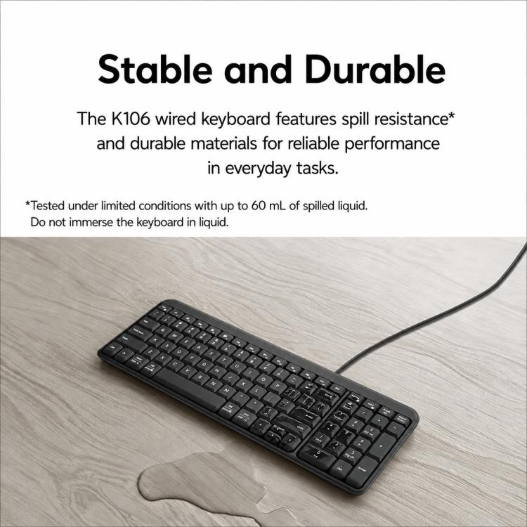 Tastiera cablata Logitech K106 USB impermeabile e resistente agli schizzi d'acqua.