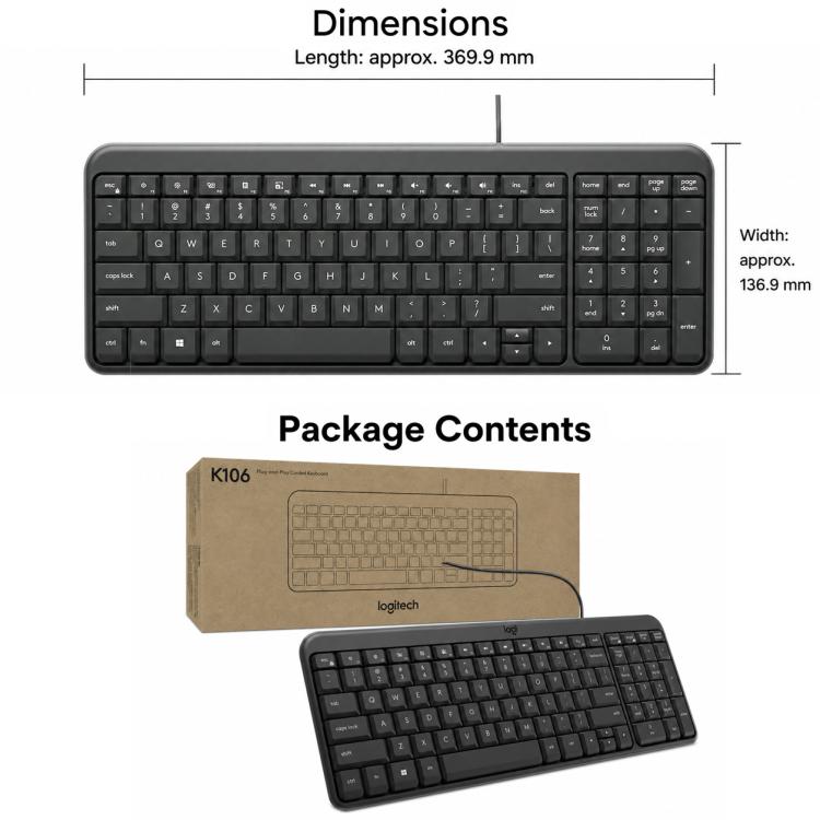 Tastiera cablata Logitech K106 USB impermeabile e resistente agli schizzi d'acqua.