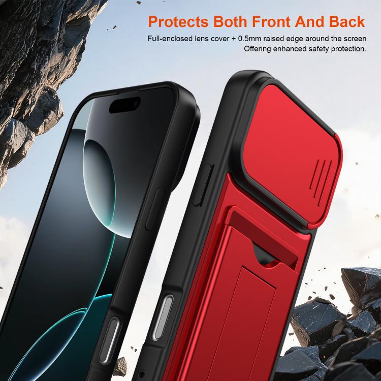 Serie porta carte, copertura scorrevole per obiettivo, custodia ibrida in PC e TPU per telefono, For iPhone 16 Pro, For iPhone 16