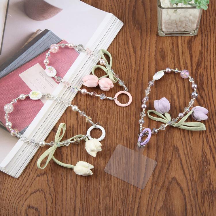 Ciondolo da polso per cellulare con perline a forma di fiore di tulipano e laccetto di sicurezza per donne e ragazze.