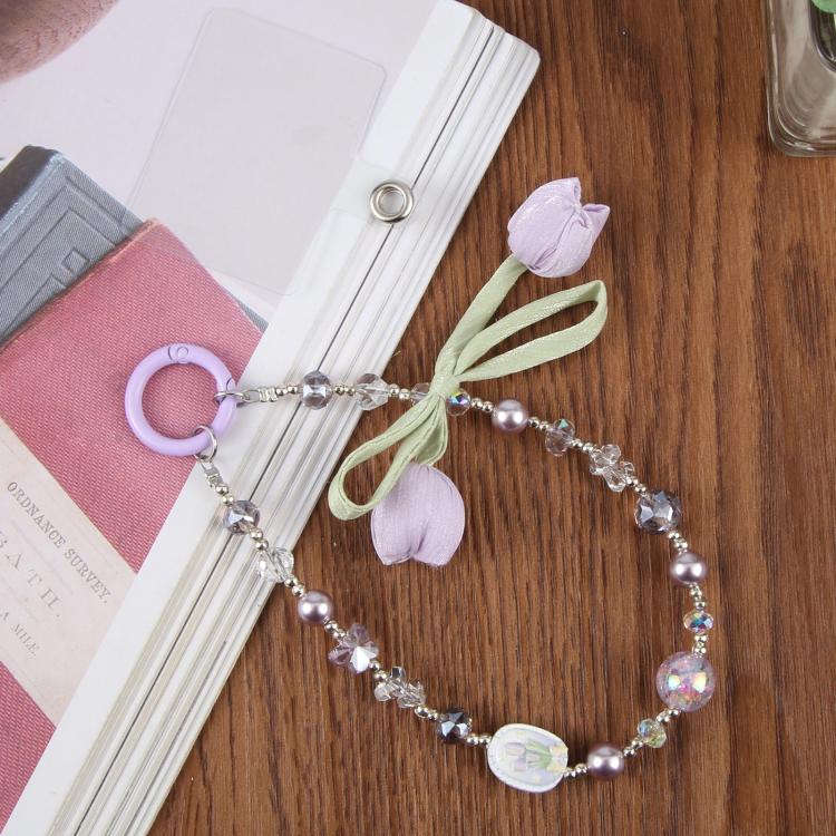 Ciondolo da polso per cellulare con perline a forma di fiore di tulipano e laccetto di sicurezza per donne e ragazze.