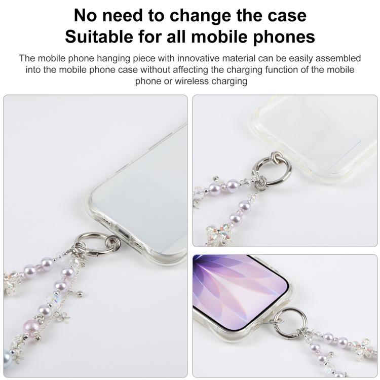 Ciondolo per cellulare con ciondolo a forma di quadrifoglio e perline, con cordino di sicurezza, per donne e ragazze.