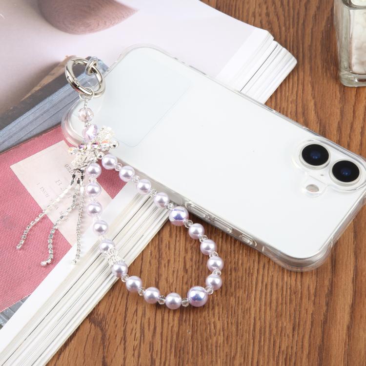 Ciondolo da polso per cellulare con fiocco, nappa e perline, con laccetto di sicurezza per donne e ragazze.