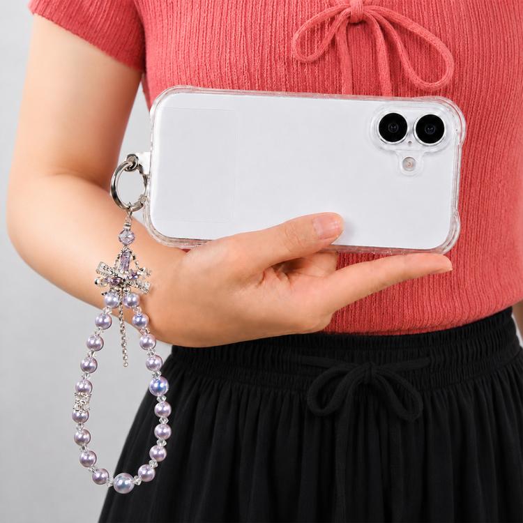 Ciondolo da polso per cellulare con fiocco, nappa e perline, con laccetto di sicurezza per donne e ragazze.