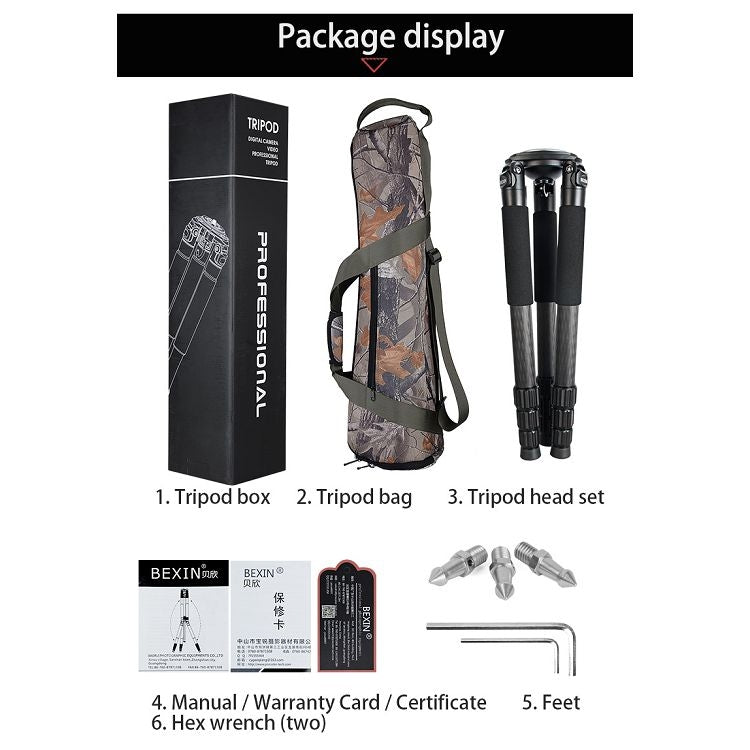 Treppiede grande in fibra di carbonio per videocamera robusta BEXIN ST424C, tubo massimo: 40 mm, ST424C
