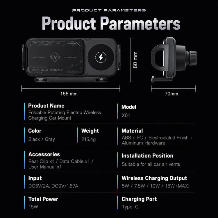 Caricabatterie wireless auto 15W con supporto girevole