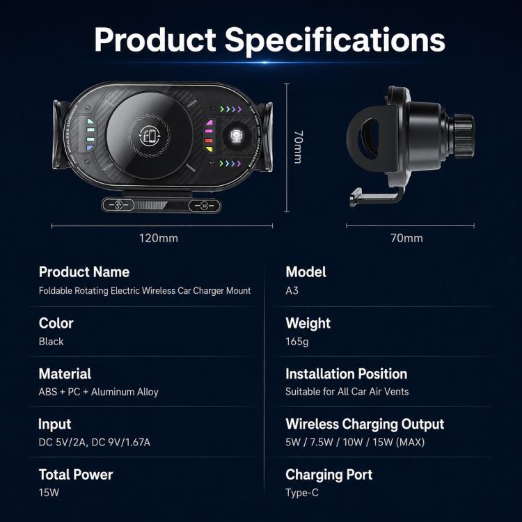 Supporto girevole wireless auto 15W per bocchette ventilazione
