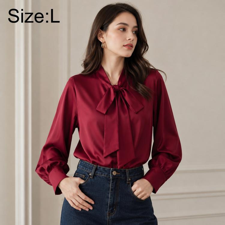 Camicetta da donna a maniche lunghe con fiocco al collo, casual da ufficio., S, M, L, XL