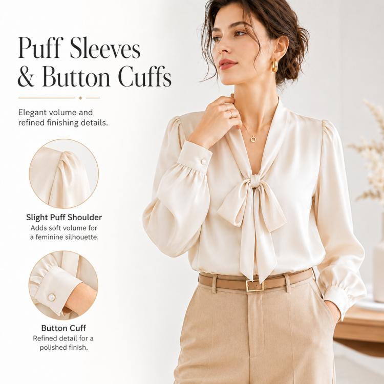 Camicetta da donna a maniche lunghe con fiocco al collo, casual da ufficio., S, M, L, XL