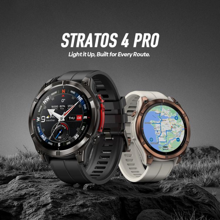 Zeblaze Stratos 4 Pro Smartwatch GPS robusto per attività all'aperto con schermo da 1,43 pollici, resistenza fino a 5 ATM e IP69K, torcia integrata.
