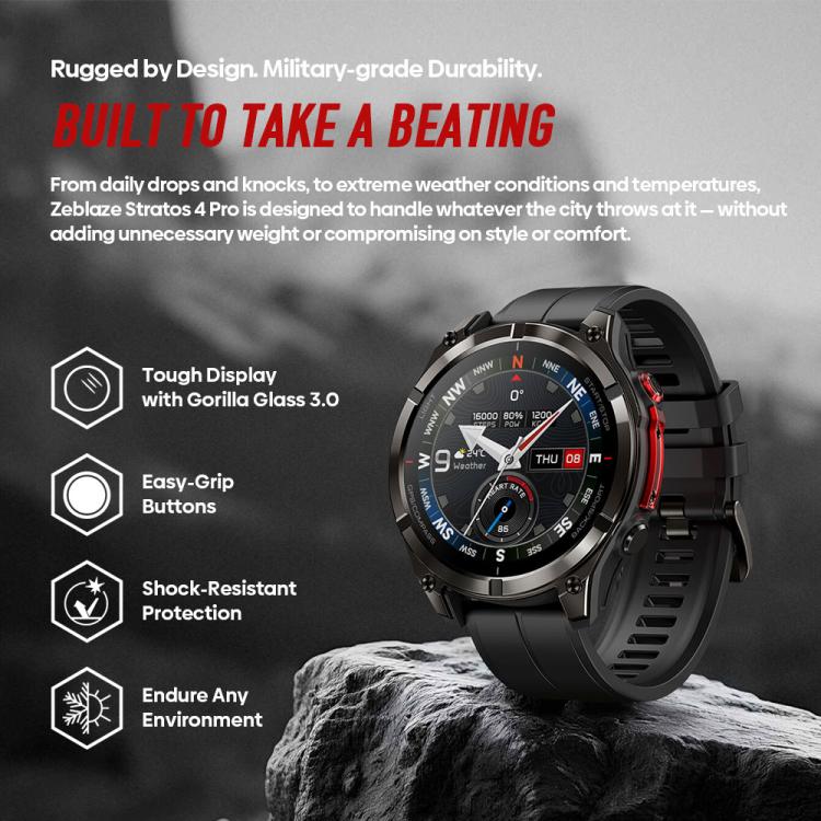 Zeblaze Stratos 4 Pro Smartwatch GPS robusto per attività all'aperto con schermo da 1,43 pollici, resistenza fino a 5 ATM e IP69K, torcia integrata.