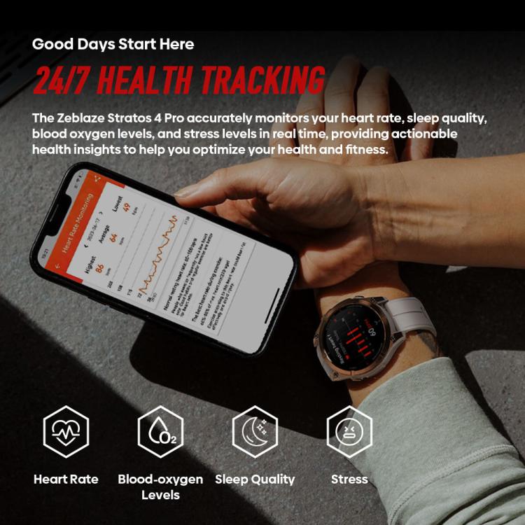 Zeblaze Stratos 4 Pro Smartwatch GPS robusto per attività all'aperto con schermo da 1,43 pollici, resistenza fino a 5 ATM e IP69K, torcia integrata.
