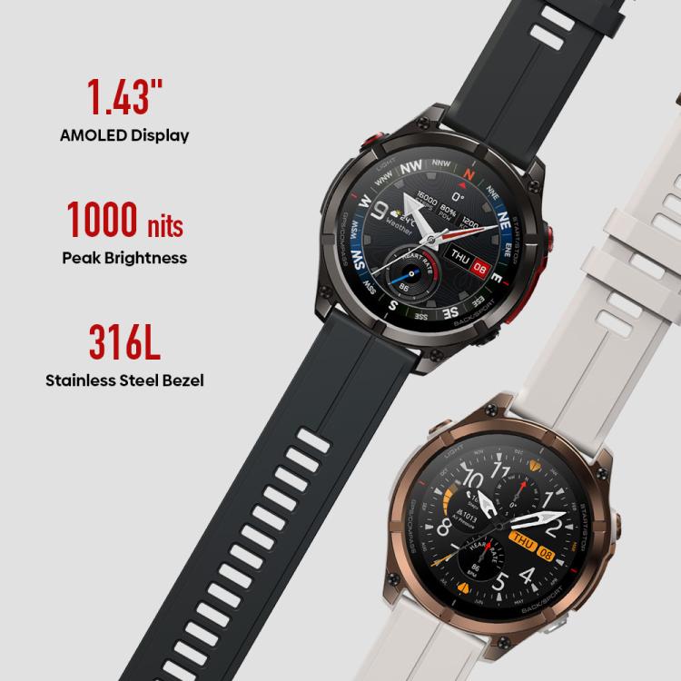 Zeblaze Stratos 4 Pro Smartwatch GPS robusto per attività all'aperto con schermo da 1,43 pollici, resistenza fino a 5 ATM e IP69K, torcia integrata.