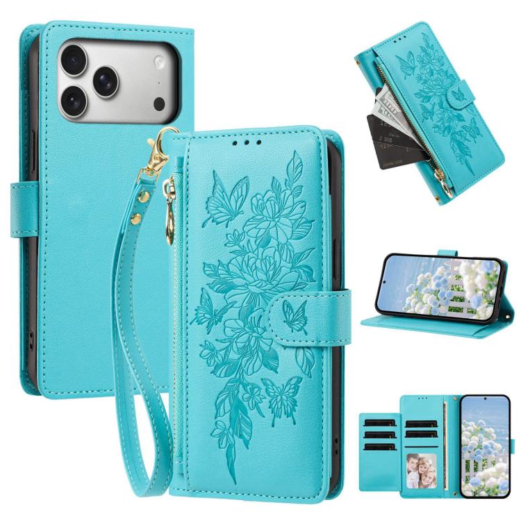 Portafoglio con cerniera a forma di farfalla e fiore, custodia per telefono in pelle vegana con cinturino, For iPhone 17e / 16e, For iPhone 17 Pro Max, For iPhone 17 Pro, For iPhone 17