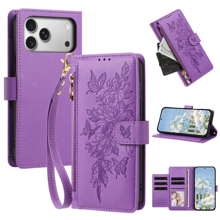 Portafoglio con cerniera a forma di farfalla e fiore, custodia per telefono in pelle vegana con cinturino, For iPhone 17e / 16e, For iPhone 17 Pro Max, For iPhone 17 Pro, For iPhone 17