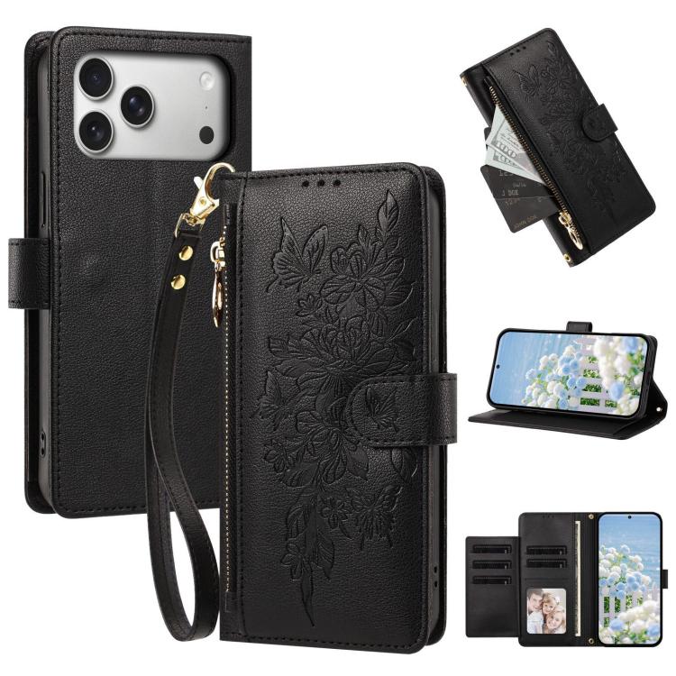 Portafoglio con cerniera a forma di farfalla e fiore, custodia per telefono in pelle vegana con cinturino, For iPhone 17e / 16e, For iPhone 17 Pro Max, For iPhone 17 Pro, For iPhone 17