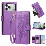 Portafoglio con cerniera a forma di farfalla e fiore, custodia per telefono in pelle vegana con cinturino, For iPhone 17e / 16e, For iPhone 17 Pro Max, For iPhone 17 Pro, For iPhone 17