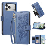 Portafoglio con cerniera a forma di farfalla e fiore, custodia per telefono in pelle vegana con cinturino, For iPhone 17e / 16e, For iPhone 17 Pro Max, For iPhone 17 Pro, For iPhone 17