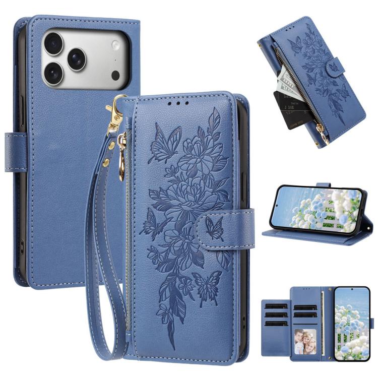 Portafoglio con cerniera a forma di farfalla e fiore, custodia per telefono in pelle vegana con cinturino, For iPhone 17e / 16e, For iPhone 17 Pro Max, For iPhone 17 Pro, For iPhone 17