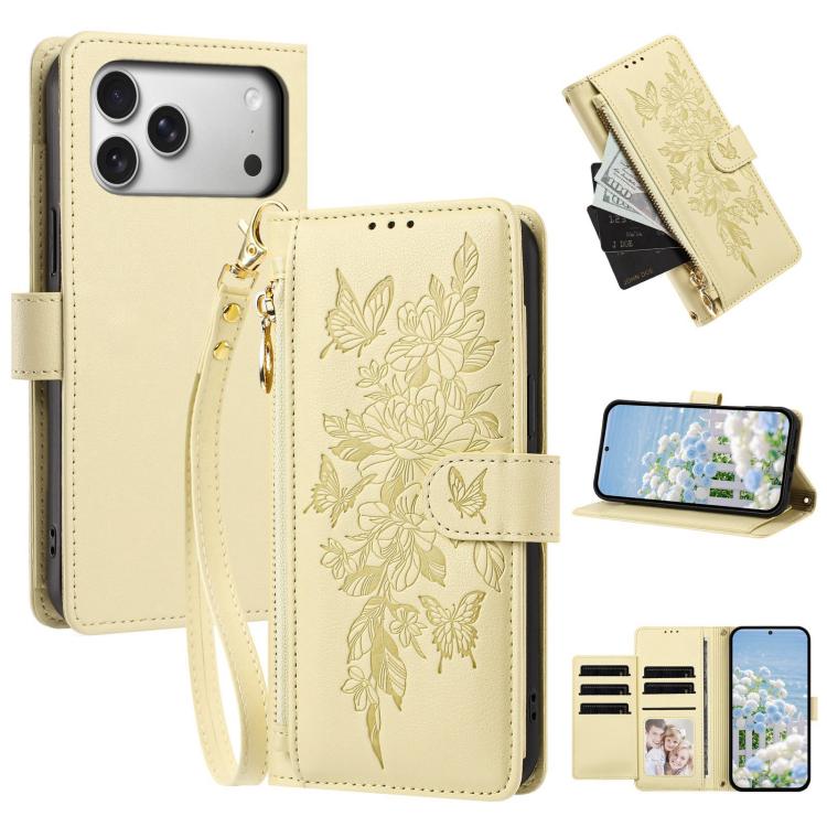 Portafoglio con cerniera a forma di farfalla e fiore, custodia per telefono in pelle vegana con cinturino, For iPhone 17e / 16e, For iPhone 17 Pro Max, For iPhone 17 Pro, For iPhone 17