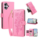 Portafoglio con cerniera a forma di farfalla e fiore, custodia per telefono in pelle vegana con cinturino, For iPhone 17e / 16e, For iPhone 17 Pro Max, For iPhone 17 Pro, For iPhone 17