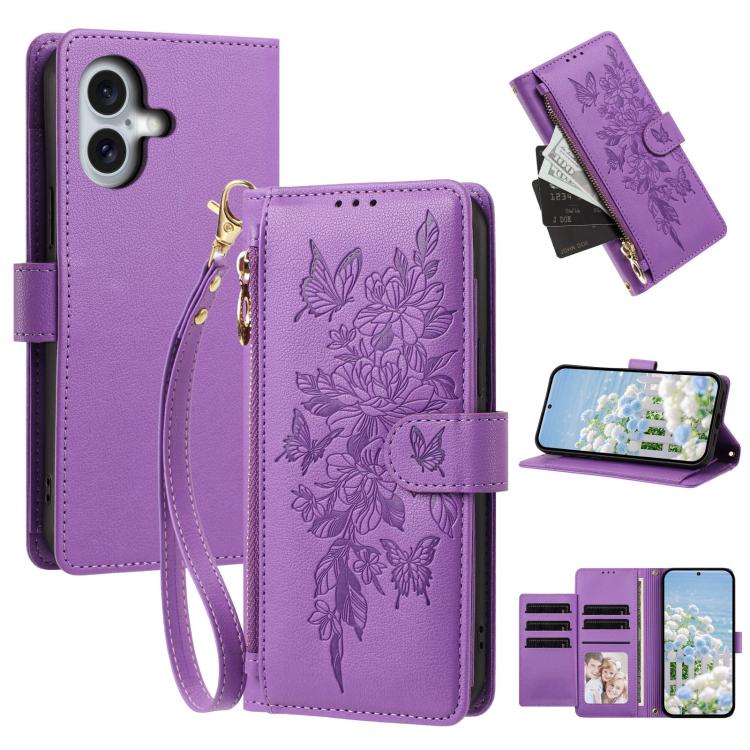 Portafoglio con cerniera a forma di farfalla e fiore, custodia per telefono in pelle vegana con cinturino, For iPhone 17e / 16e, For iPhone 17 Pro Max, For iPhone 17 Pro, For iPhone 17