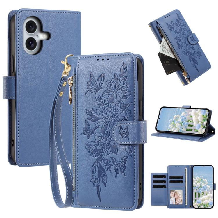 Portafoglio con cerniera a forma di farfalla e fiore, custodia per telefono in pelle vegana con cinturino, For iPhone 17e / 16e, For iPhone 17 Pro Max, For iPhone 17 Pro, For iPhone 17