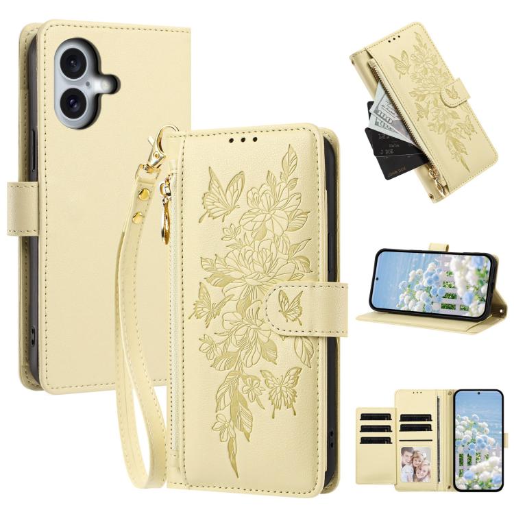 Portafoglio con cerniera a forma di farfalla e fiore, custodia per telefono in pelle vegana con cinturino, For iPhone 17e / 16e, For iPhone 17 Pro Max, For iPhone 17 Pro, For iPhone 17