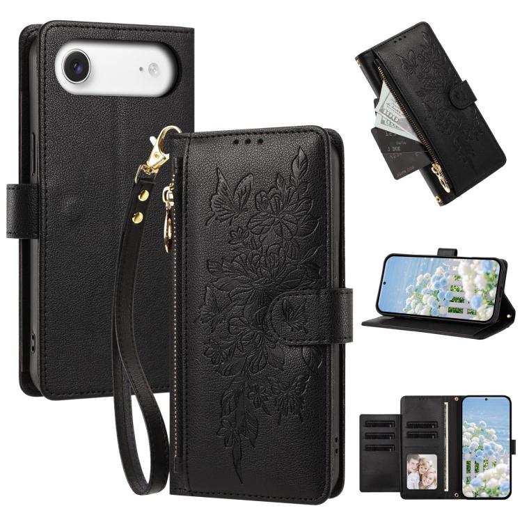 Portafoglio con cerniera a forma di farfalla e fiore, custodia per telefono in pelle vegana con cinturino, For iPhone Air, For iPhone 16 Pro Max, For iPhone 16 Pro, For iPhone 16 Plus