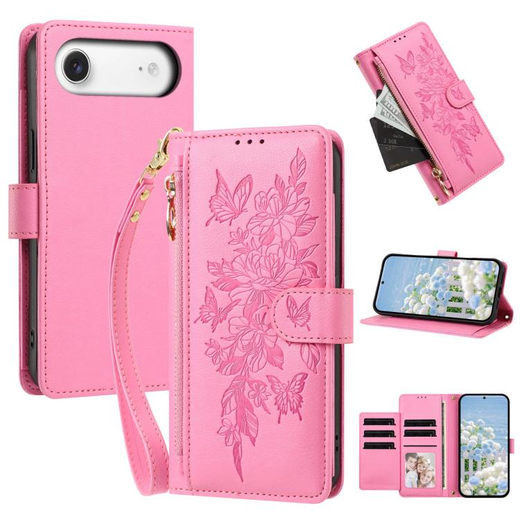 Portafoglio con cerniera a forma di farfalla e fiore, custodia per telefono in pelle vegana con cinturino, For iPhone Air, For iPhone 16 Pro Max, For iPhone 16 Pro, For iPhone 16 Plus