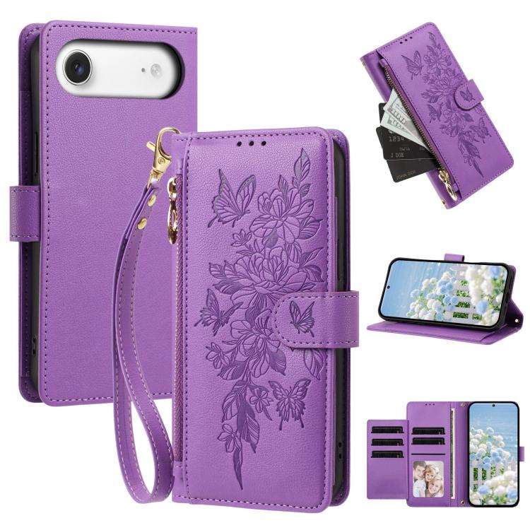 Portafoglio con cerniera a forma di farfalla e fiore, custodia per telefono in pelle vegana con cinturino, For iPhone Air, For iPhone 16 Pro Max, For iPhone 16 Pro, For iPhone 16 Plus