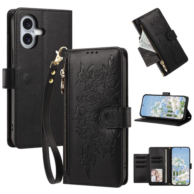 Portafoglio con cerniera a forma di farfalla e fiore, custodia per telefono in pelle vegana con cinturino, For iPhone 16, For iPhone 15 Pro Max, For iPhone 15 Pro, For iPhone 15 Plus / 14 Plus