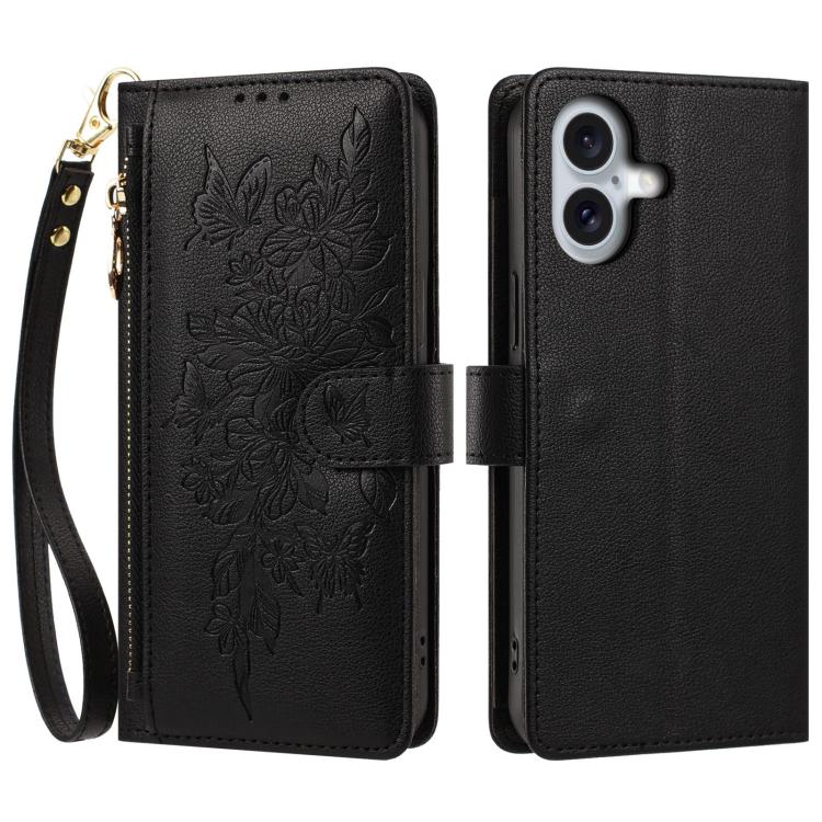 Portafoglio con cerniera a forma di farfalla e fiore, custodia per telefono in pelle vegana con cinturino, For iPhone 16, For iPhone 15 Pro Max, For iPhone 15 Pro, For iPhone 15 Plus / 14 Plus