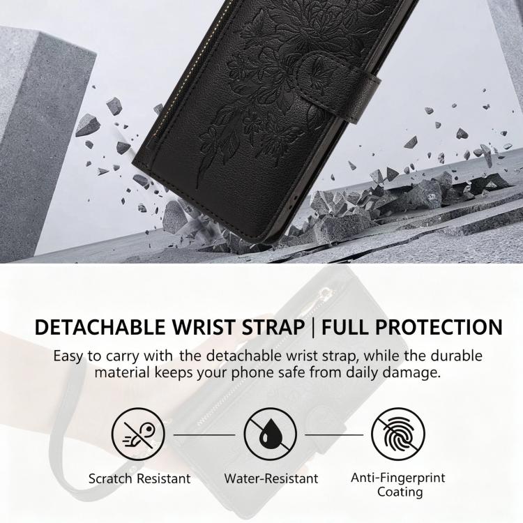 Portafoglio con cerniera a forma di farfalla e fiore, custodia per telefono in pelle vegana con cinturino, For iPhone 16, For iPhone 15 Pro Max, For iPhone 15 Pro, For iPhone 15 Plus / 14 Plus