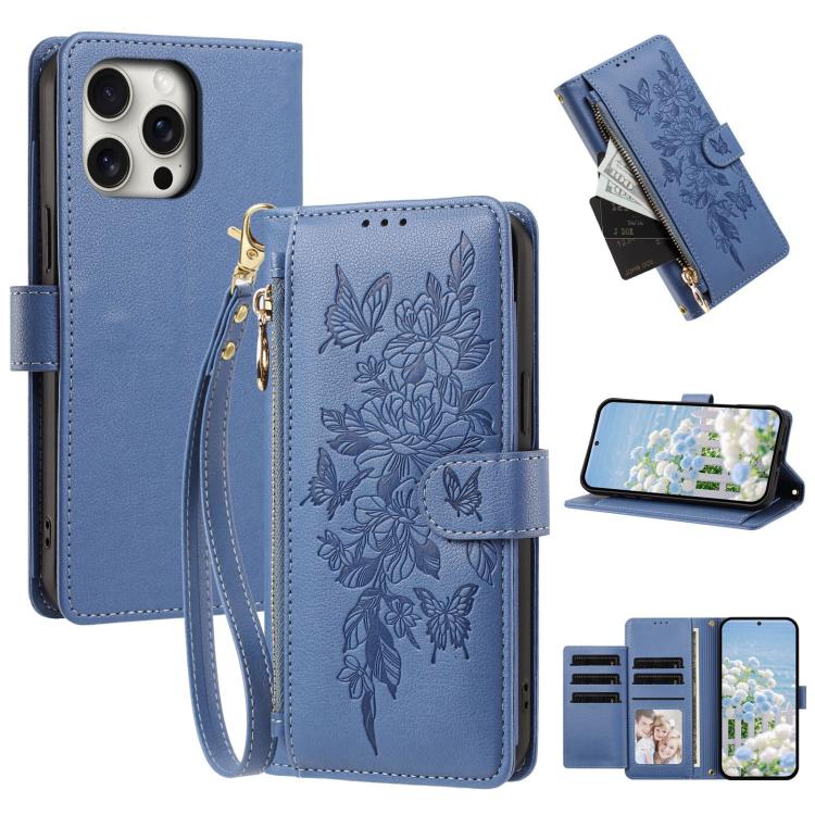 Portafoglio con cerniera a forma di farfalla e fiore, custodia per telefono in pelle vegana con cinturino, For iPhone 16, For iPhone 15 Pro Max, For iPhone 15 Pro, For iPhone 15 Plus / 14 Plus