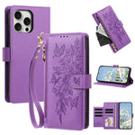 Portafoglio con cerniera a forma di farfalla e fiore, custodia per telefono in pelle vegana con cinturino, For iPhone 16, For iPhone 15 Pro Max, For iPhone 15 Pro, For iPhone 15 Plus / 14 Plus