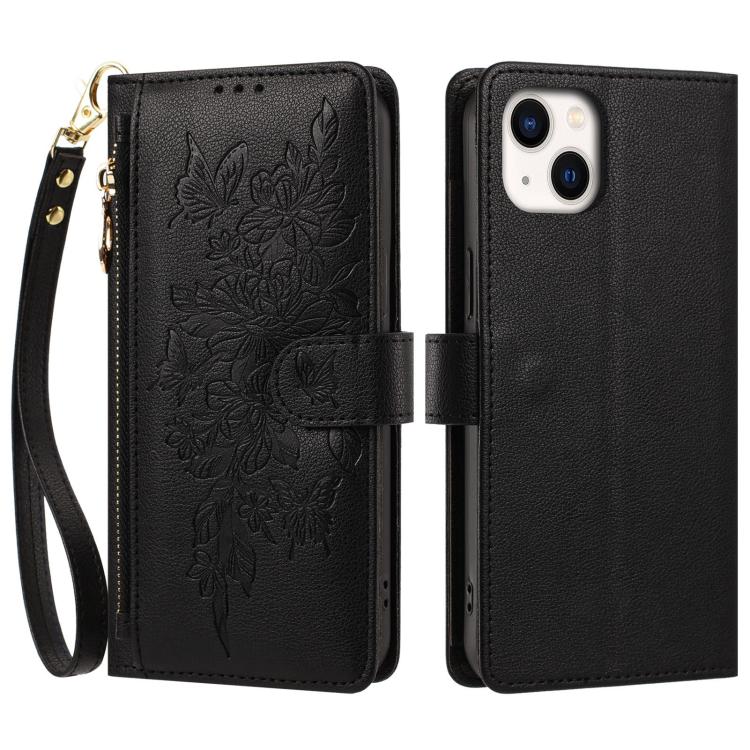 Portafoglio con cerniera a forma di farfalla e fiore, custodia per telefono in pelle vegana con cinturino, For iPhone 15, For iPhone 14 / 13, For iPhone 14 Pro, For iPhone 14 Pro Max