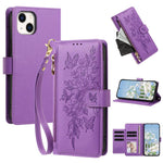 Portafoglio con cerniera a forma di farfalla e fiore, custodia per telefono in pelle vegana con cinturino, For iPhone 15, For iPhone 14 / 13, For iPhone 14 Pro, For iPhone 14 Pro Max