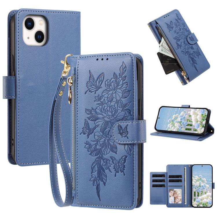 Portafoglio con cerniera a forma di farfalla e fiore, custodia per telefono in pelle vegana con cinturino, For iPhone 15, For iPhone 14 / 13, For iPhone 14 Pro, For iPhone 14 Pro Max