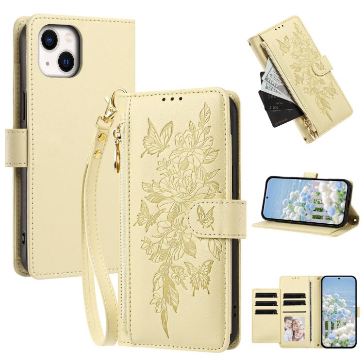 Portafoglio con cerniera a forma di farfalla e fiore, custodia per telefono in pelle vegana con cinturino, For iPhone 15, For iPhone 14 / 13, For iPhone 14 Pro, For iPhone 14 Pro Max