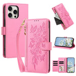 Portafoglio con cerniera a forma di farfalla e fiore, custodia per telefono in pelle vegana con cinturino, For iPhone 15, For iPhone 14 / 13, For iPhone 14 Pro, For iPhone 14 Pro Max
