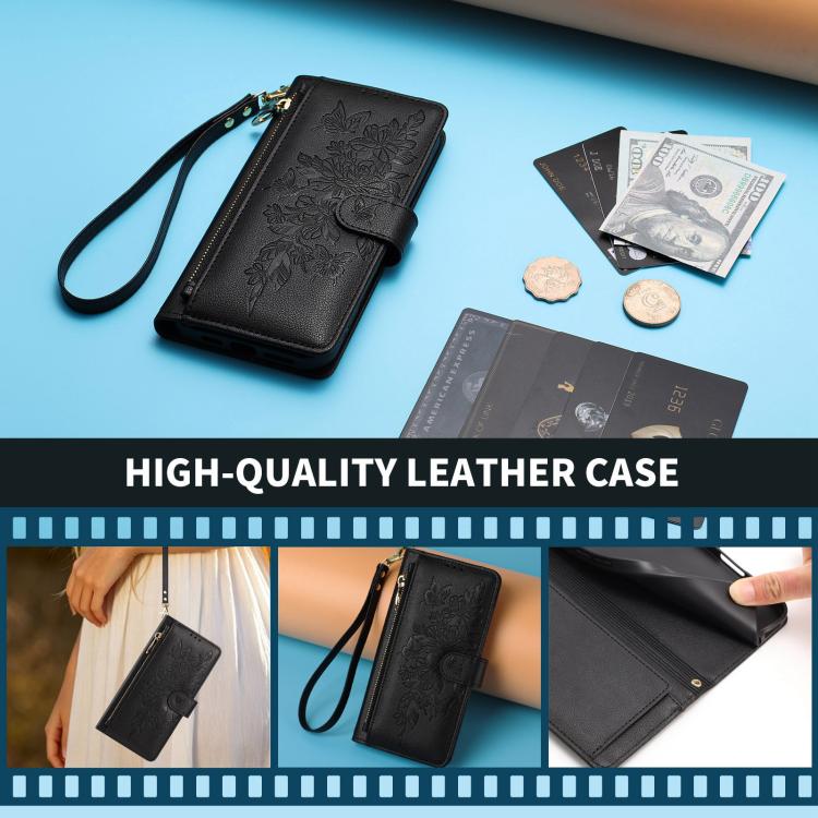 Portafoglio con cerniera a forma di farfalla e fiore, custodia per telefono in pelle vegana con cinturino, For iPhone 13 Pro Max, For iPhone 13 Pro, For iPhone 12 / 12 Pro, For iPhone 12 Pro Max