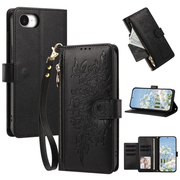 Portafoglio con cerniera a forma di farfalla e fiore, custodia per telefono in pelle vegana con cinturino, For iPhone 17e / 16e, For iPhone 17 Pro Max, For iPhone 17 Pro, For iPhone 17