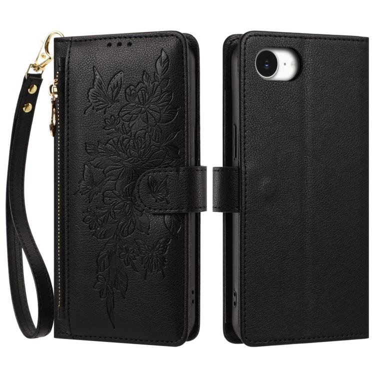 Portafoglio con cerniera a forma di farfalla e fiore, custodia per telefono in pelle vegana con cinturino, For iPhone 17e / 16e, For iPhone 17 Pro Max, For iPhone 17 Pro, For iPhone 17