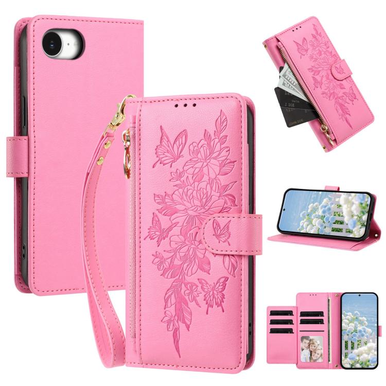 Portafoglio con cerniera a forma di farfalla e fiore, custodia per telefono in pelle vegana con cinturino, For iPhone 17e / 16e, For iPhone 17 Pro Max, For iPhone 17 Pro, For iPhone 17