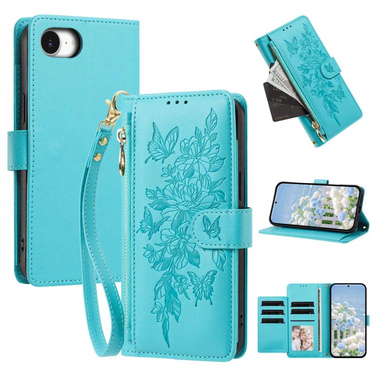 Portafoglio con cerniera a forma di farfalla e fiore, custodia per telefono in pelle vegana con cinturino, For iPhone 17e / 16e, For iPhone 17 Pro Max, For iPhone 17 Pro, For iPhone 17